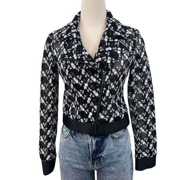 Sachin & Babi Floral Embroidered Moto Jacket Mesh Black White XS - Picture 1 of 9
